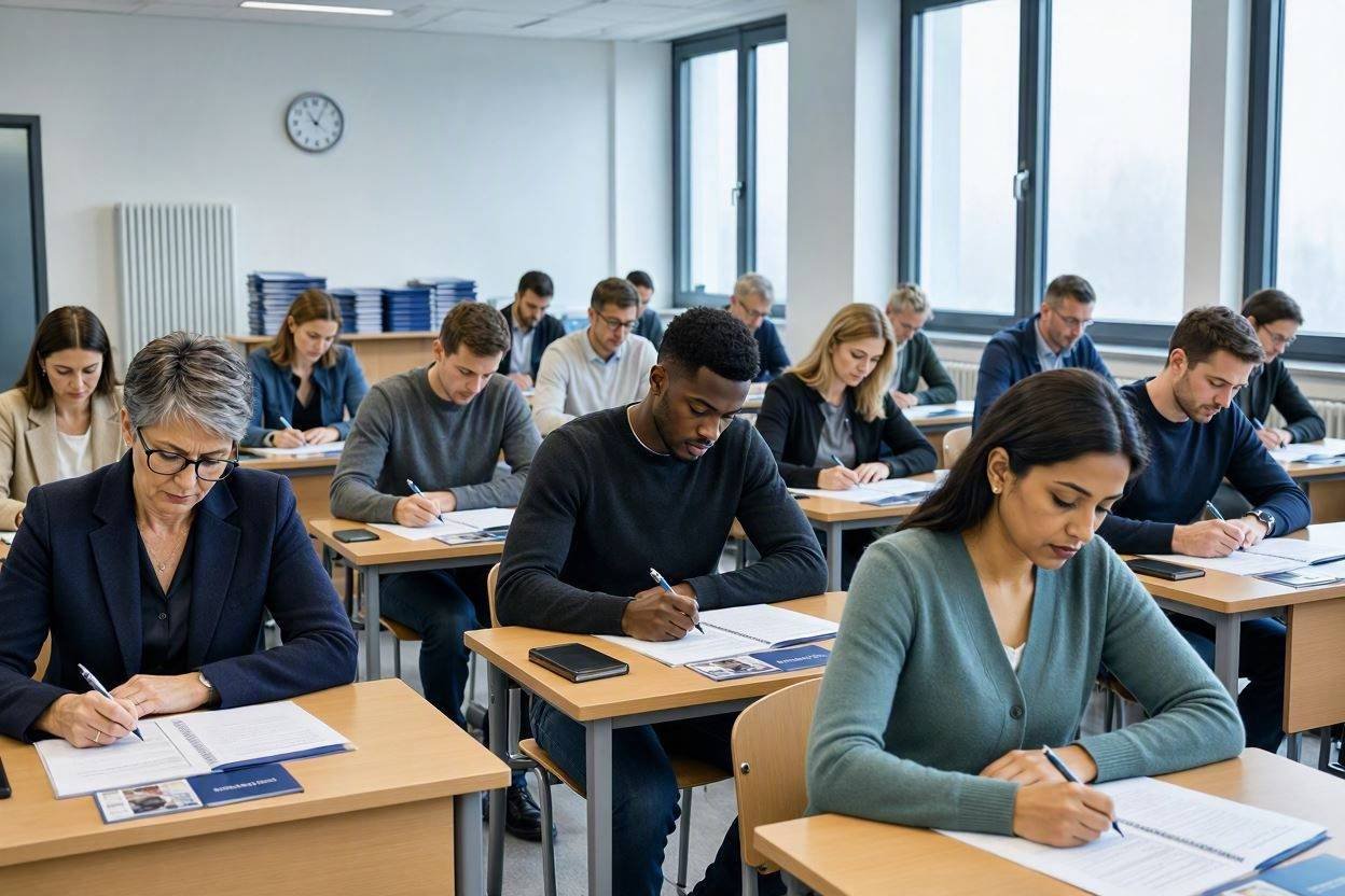 Teilnehmende schreiben konzentriert eine Prüfung in einem Klassenraum mit Einzeltischen