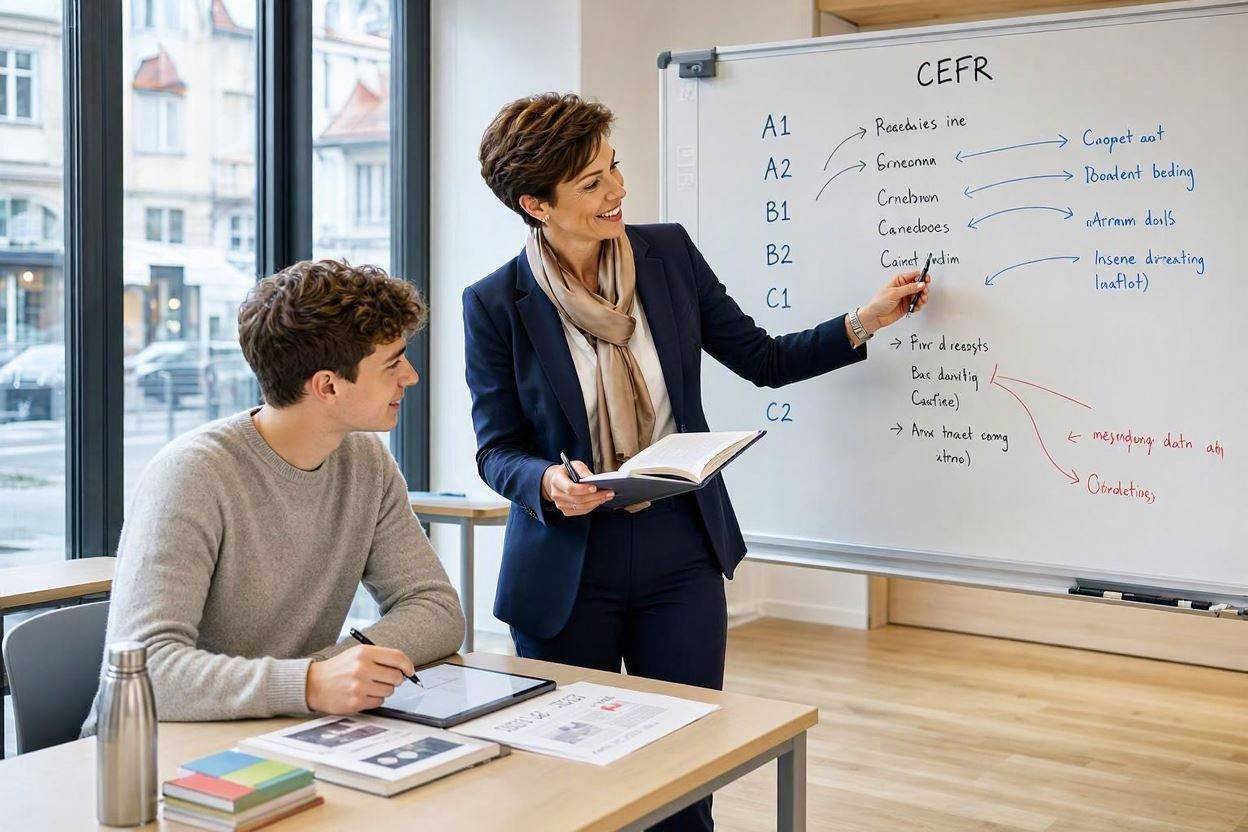 Trainerin erklärt einem Kursteilnehmer die GER-Niveaustufen A1 bis C2 am Whiteboard