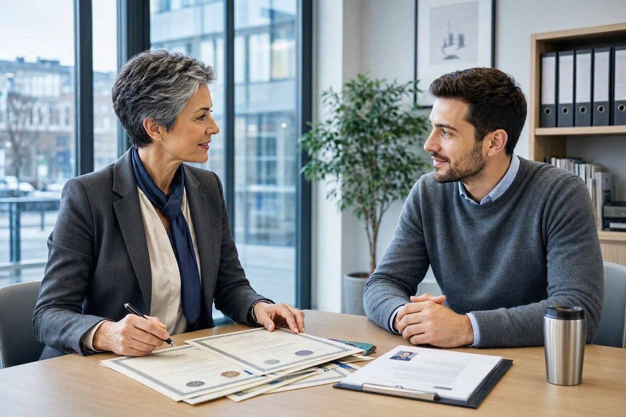 Bewerbungsgespräch zwischen einer Personalverantwortlichen und einem Bewerber am Schreibtisch